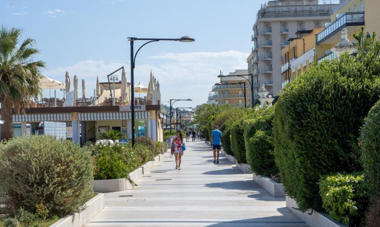 Passeggiata sul lungomare con cielo sereno e palme.